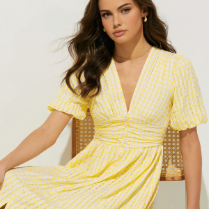 Plaid Puff Sleeve V-Neck Midi Dress - Y2K Aesthetic Fashion for Chic Outfits