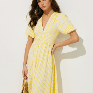 Plaid Puff Sleeve V-Neck Midi Dress - Y2K Aesthetic Fashion for Chic Outfits