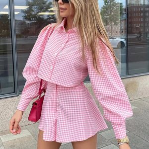 Plaid Two Piece Set: Long Sleeve Shirt & High Waist Wide Leg Shorts for Elegant Style