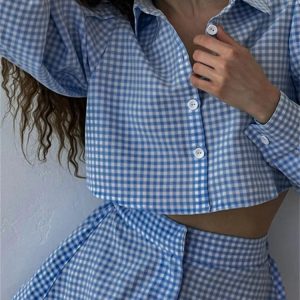 Plaid Two Piece Set: Long Sleeve Shirt & High Waist Wide Leg Shorts for Elegant Style