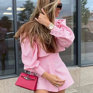 Plaid Two Piece Set: Long Sleeve Shirt & High Waist Wide Leg Shorts for Elegant Style