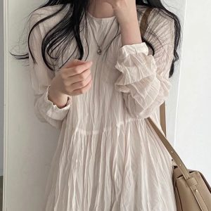 Pleated Chiffon Dress with Round Neck - Y2K Aesthetic Fashion for Effortless Style