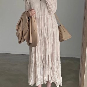 Pleated Chiffon Dress with Round Neck - Y2K Aesthetic Fashion for Effortless Style