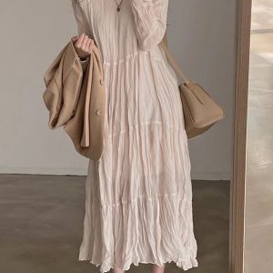 Pleated Chiffon Dress with Round Neck - Y2K Aesthetic Fashion for Effortless Style