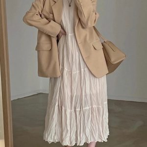 Pleated Chiffon Dress with Round Neck - Y2K Aesthetic Fashion for Effortless Style