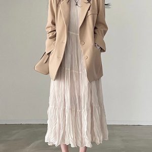 Pleated Chiffon Dress with Round Neck - Y2K Aesthetic Fashion for Effortless Style