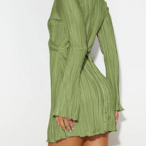 Pleated Flare Sleeve Tie-Up Mini Dress in Y2K Aesthetic for Cute and Stylish Outfits