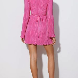 Pleated Flare Sleeve Tie-Up Mini Dress in Y2K Aesthetic for Cute and Stylish Outfits