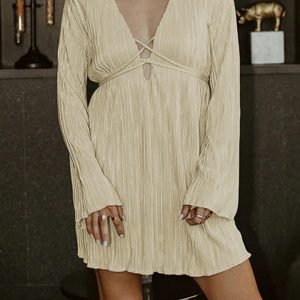 Pleated Flare Sleeve Tie-Up Mini Dress in Y2K Aesthetic for Cute and Stylish Outfits