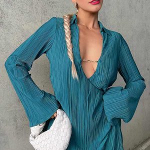 Pleated Lapel Low Cut Mini Dress - Y2K Aesthetic Fashion for Trendy Outfits