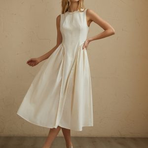 Pleated Midi Dress with Sleeveless Design and Pockets for Effortless Y2K Style