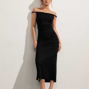 Pleated Off-Shoulder Maxi Dress - Elegant Y2K Fashion for Chic Aesthetic Outfits