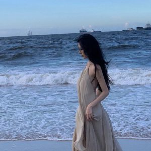 Pleated Sanya Y2K Aesthetic Long Dress for a Cool and Elegant Vibe