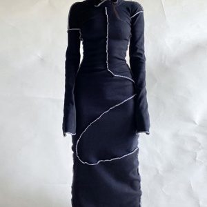 Pleated Slim Maxi Dress with Hood - Y2K Aesthetic Fashion for Effortless Style