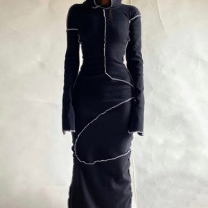 Pleated Slim Maxi Dress with Hood - Y2K Aesthetic Fashion for Effortless Style