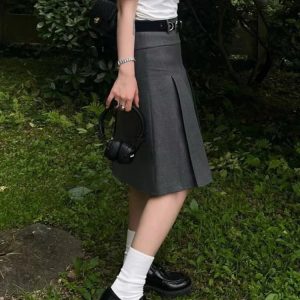 Pleated Solid Waist Skirt 2023 Summer Preppy Style - Casual Loose Women’s Faldas