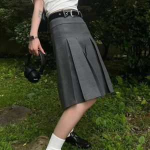 Pleated Solid Waist Skirt 2023 Summer Preppy Style - Casual Loose Women’s Faldas