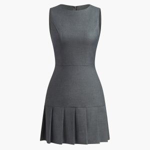 Pleated Zipper Crew Neck Dress - Y2K Aesthetic Fashion for Effortless Style