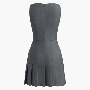 Pleated Zipper Crew Neck Dress - Y2K Aesthetic Fashion for Effortless Style