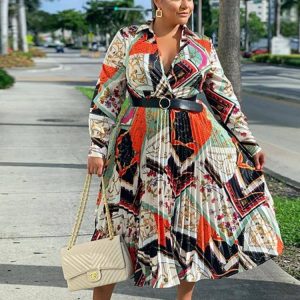 Plus Size Vintage Belted Maxi Dress for Women - Summer Boubou Oversized Long Sleeve Fashion