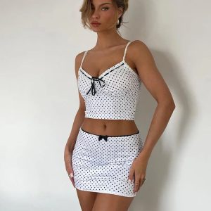 Polka Dot Matching Set: Spaghetti Strap Crop Top & Mini Skirt with Bow Ties for Clubwear