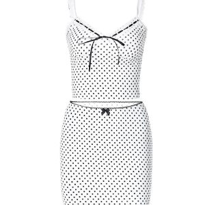 Polka Dot Matching Set: Spaghetti Strap Crop Top & Mini Skirt with Bow Ties for Clubwear