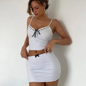 Polka Dot Matching Set: Spaghetti Strap Crop Top & Mini Skirt with Bow Ties for Clubwear