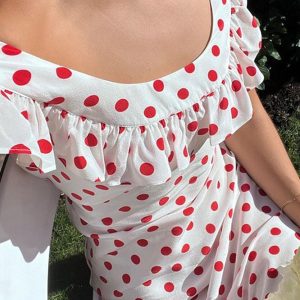 Polka Dot Ruffle Tie-Up Midi Dress - Y2K Aesthetic Cute Dress for Stylish Outfits