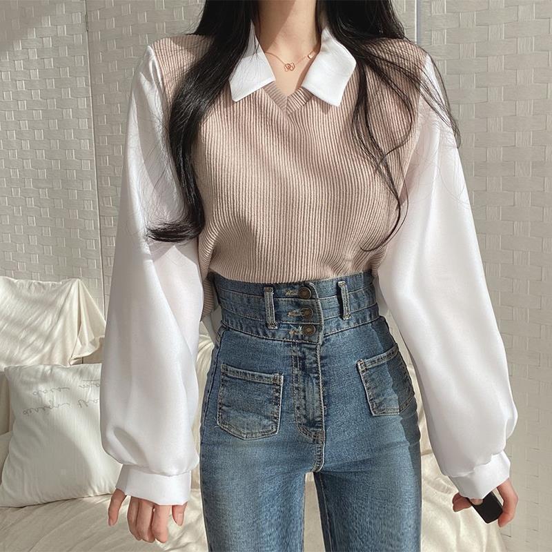 Polo Collar Patchwork Long Sleeve Blouse - Y2K Aesthetic Cute Top for Stylish Outfits