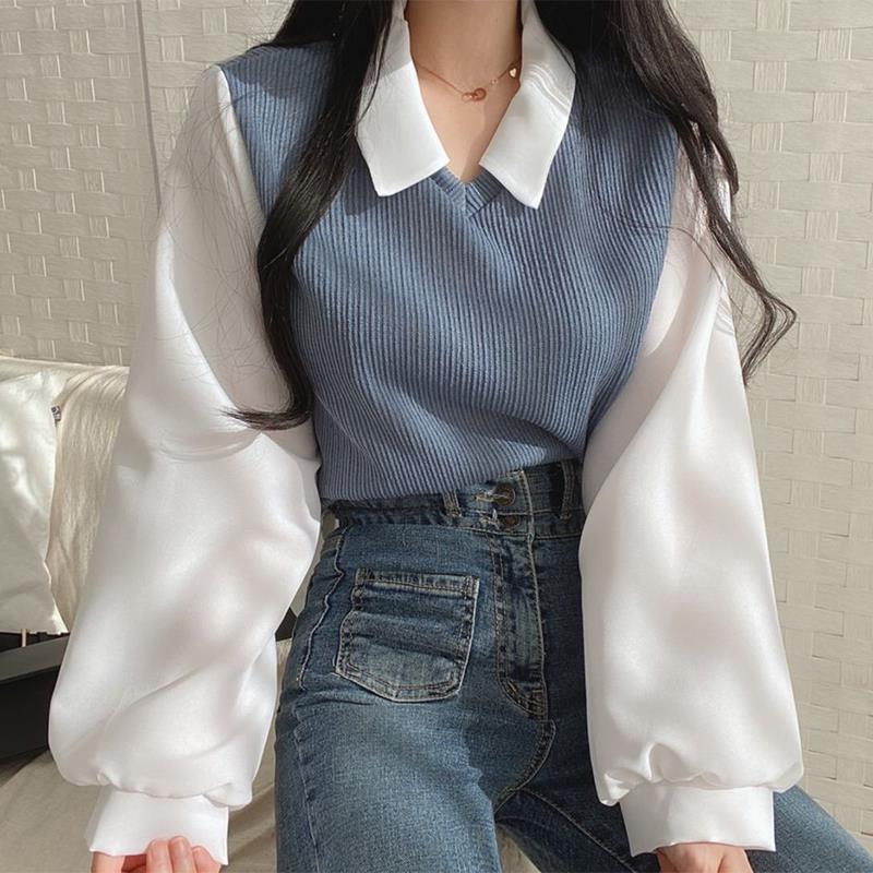 Polo Collar Patchwork Long Sleeve Blouse - Y2K Aesthetic Cute Top for Stylish Outfits