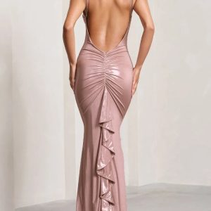 PU Sexy Bodycon Sundress with Ruffle High Waist - Backless Evening Dress for Parties 2024