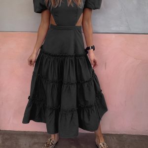 Puff Sleeve Cutout Long Dress - Y2K Aesthetic Maxi Dress for Coquette and Grunge Styles