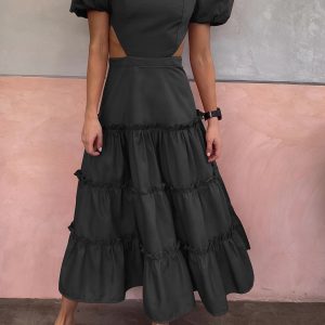 Puff Sleeve Cutout Long Dress - Y2K Aesthetic Maxi Dress for Coquette and Grunge Styles