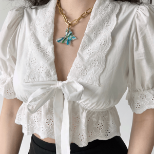 Puff Sleeve Embroidered Tie White Shirt in French Court Style for Y2K Aesthetic Fashion