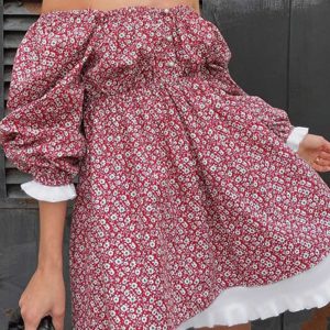 Puff Sleeve Off-Shoulder Floral Babydoll Dress in Y2K Aesthetic for Cute Summer Outfits