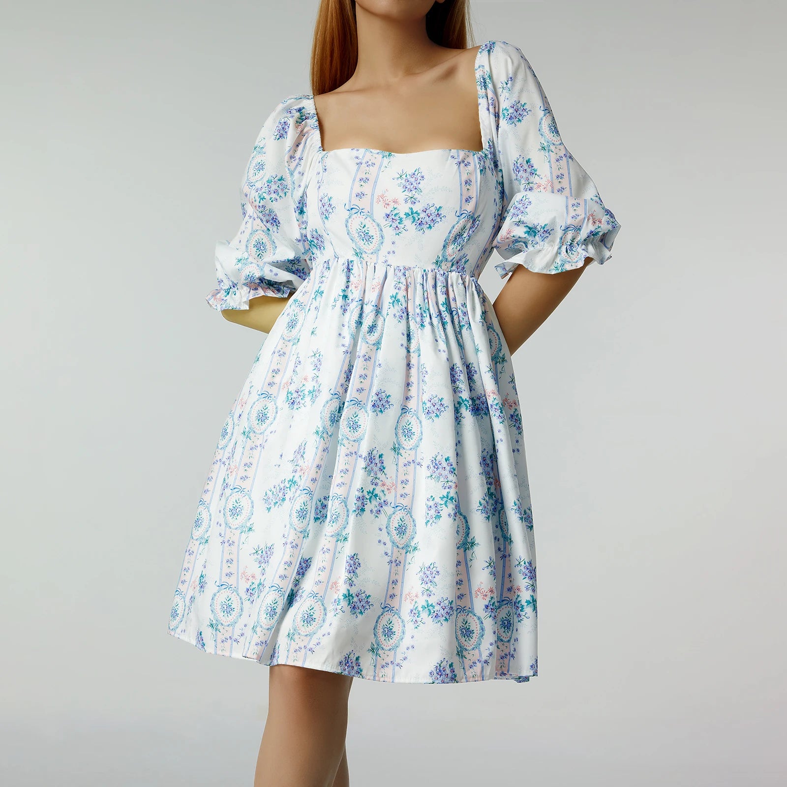 Puff Sleeve Princess Short Dress - Sweet Square Neck A-Line Lolita Dress for Summer Parties