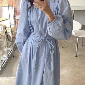 Puff Sleeve Round Neck Dress in Y2K Style - Cute and Comfy for Aesthetic Outfits