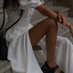 Puff Sleeve Single-Breasted Slit Dress - Y2K Aesthetic Fashion for Trendy Outfits