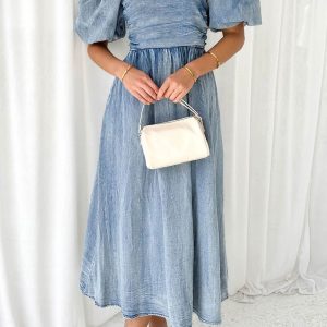 Puff Sleeve Smocked Denim Dress in Y2K Style for a Cute Coquette Aesthetic Look