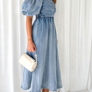 Puff Sleeve Smocked Denim Dress in Y2K Style for a Cute Coquette Aesthetic Look