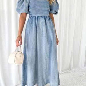 Puff Sleeve Smocked Denim Dress in Y2K Style for a Cute Coquette Aesthetic Look