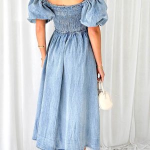 Puff Sleeve Smocked Denim Dress in Y2K Style for a Cute Coquette Aesthetic Look