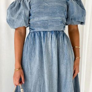 Puff Sleeve Smocked Denim Dress in Y2K Style for a Cute Coquette Aesthetic Look