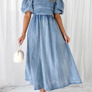 Puff Sleeve Smocked Denim Dress in Y2K Style for a Cute Coquette Aesthetic Look