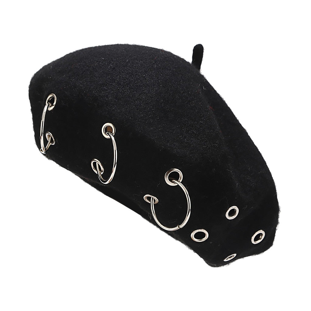 Punk Rock Iron Ring Beret: Y2K Fashion Statement for Grunge Aesthetic Lovers