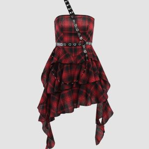 Punknaut Y2K Plaid Asymmetric Tube Dress - Edgy Grunge Aesthetic Fashion Statement