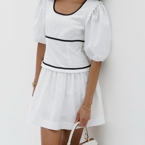 Pure Cotton Contrast Line Short Dress with Elastic Cuffs for Y2K Aesthetic Style