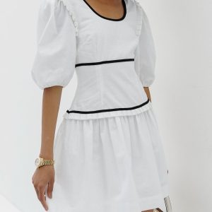 Pure Cotton Contrast Line Short Dress with Elastic Cuffs for Y2K Aesthetic Style