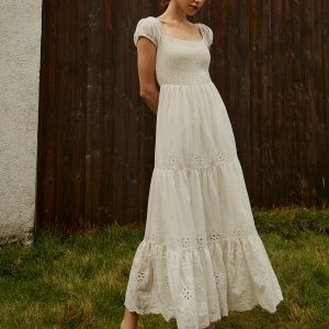 Pure Cotton Ruched Long Dress - Y2K Aesthetic Maxi Dress for Effortless Style