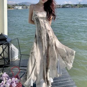 Pure Desire Elegant Ink Painting Strap Dress - Classy Summer French Style for Seaside